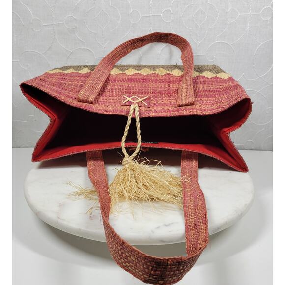 Crossing Pointe Raffia Beach Bag 14" Pink Brown Colorblock Tan Straw Diamond - Picture 7 of 16